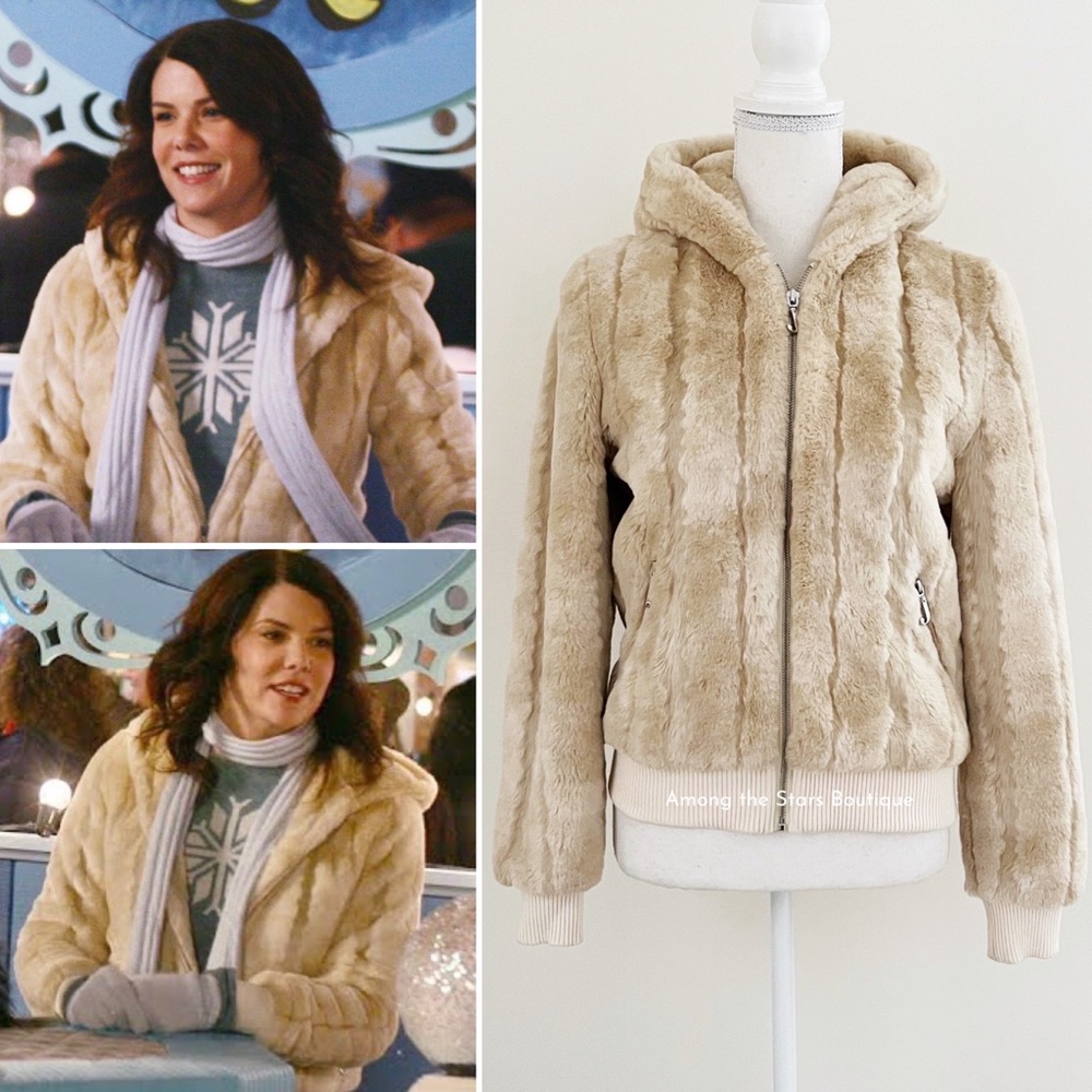 Very Rare Y2K Vintage Faux Fur Cream Hooded Jacket ASO Lorelai in Gilmore Girls